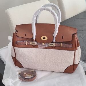 Convertible Tan Leather-Trim Cream Canvas Travel Tote.   Reposhing.